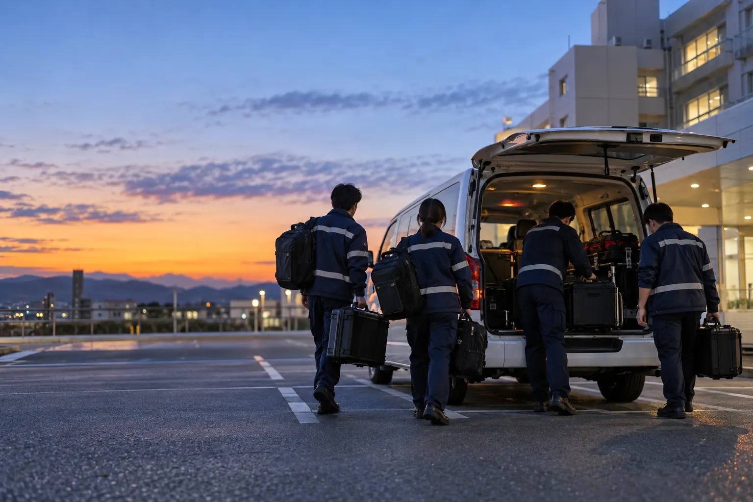 夜明けに、装備を車へ積み込む医療チームの後ろ姿（イメージ）